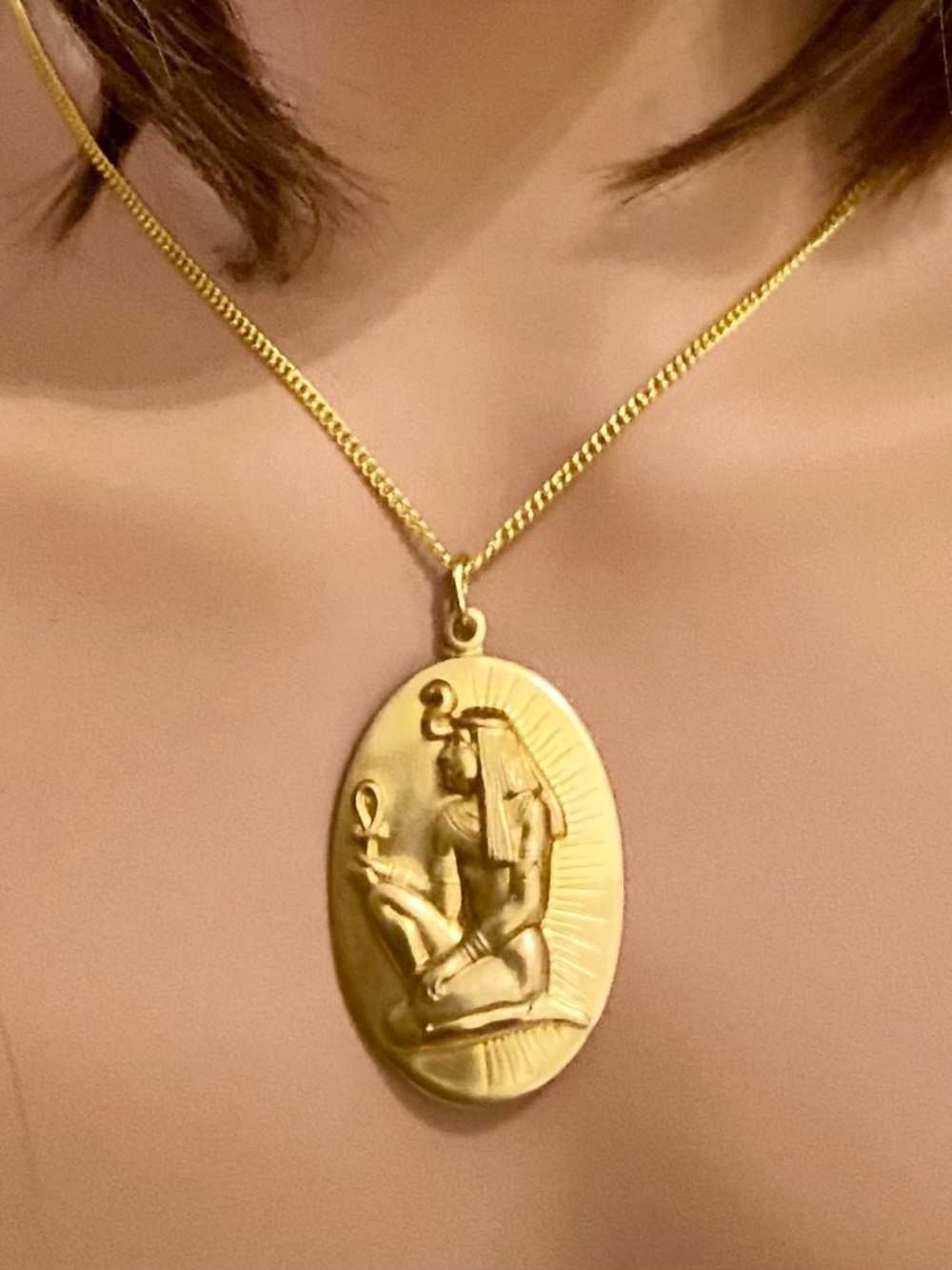 Vintage Egyptian Pharaoh Gold Filled Cameo 18in Gold Tone Chain Necklace